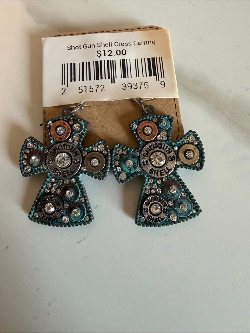 Shot Gun Shell Cross Earrings - Turquoise Crystal Accent